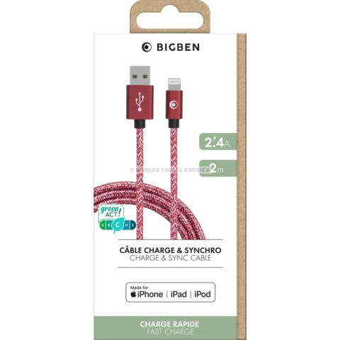 Cable tiss usb a / lightning 2 m rouge