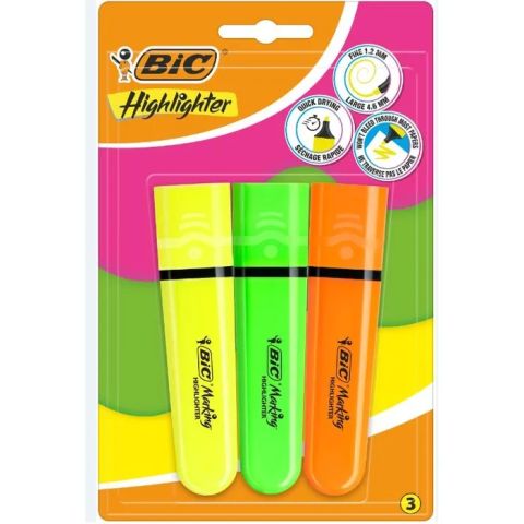 3 surligneurs plat et biseau bic highlighter