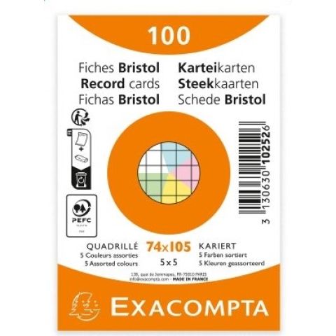 100 fiches bristol quadrill 5x5 a7 petits carreaux assorties